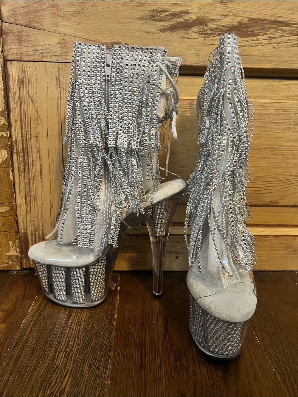 NEW IN BOX- Pleaser Silver Crystal Fringe Platform Heels